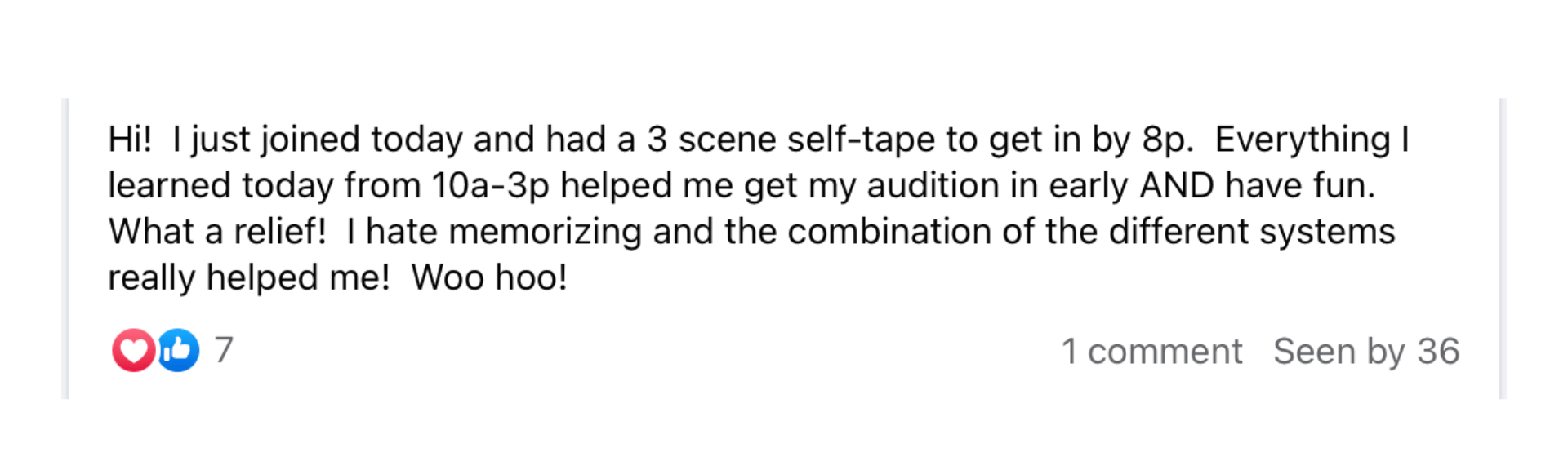 Screenshot of Facebook post testimonial