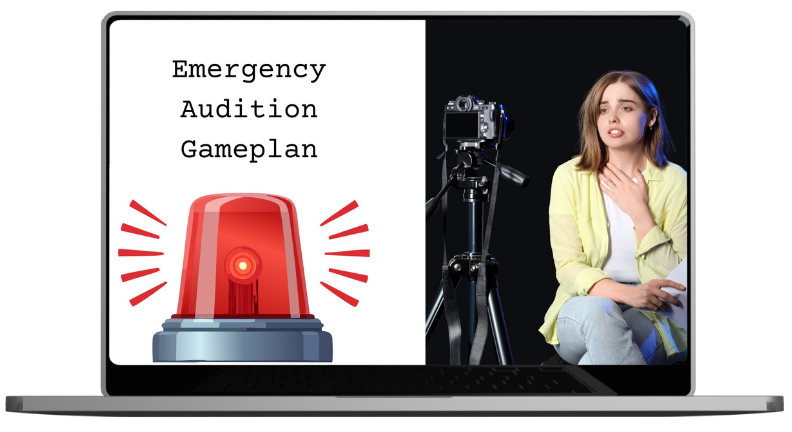 Image of a red emergency light and a young woman siting in front of a camera on a tripod holding a script in her hand.
