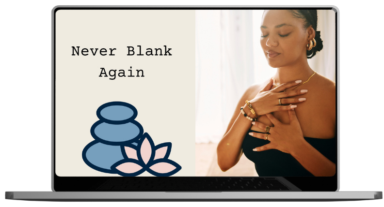 Graphic of a three stones stacked on top of each with a lotus leaf beside it. And a photo of a woman with her eyes closed and her hands on her chest looking calm and peaceful.